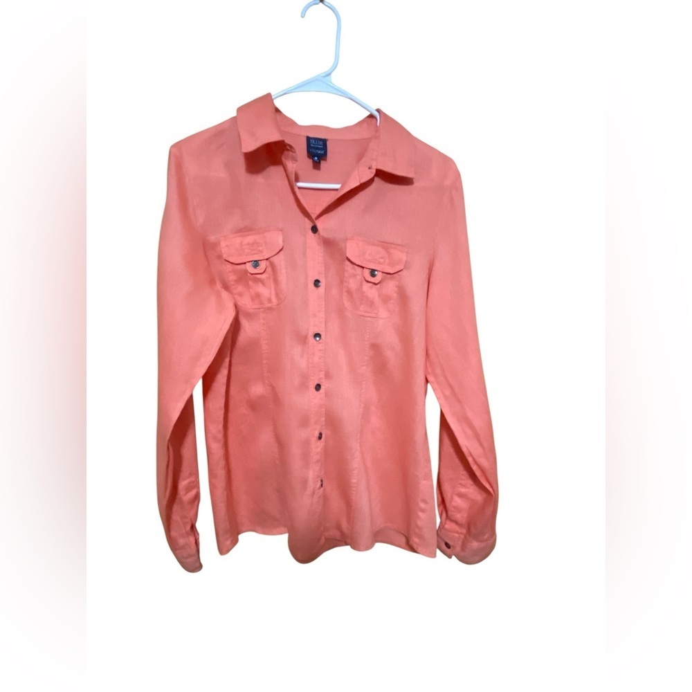 Blue Vintage Coral Orange Linen Top Shirt Size Medium Button Front Long Sleeve